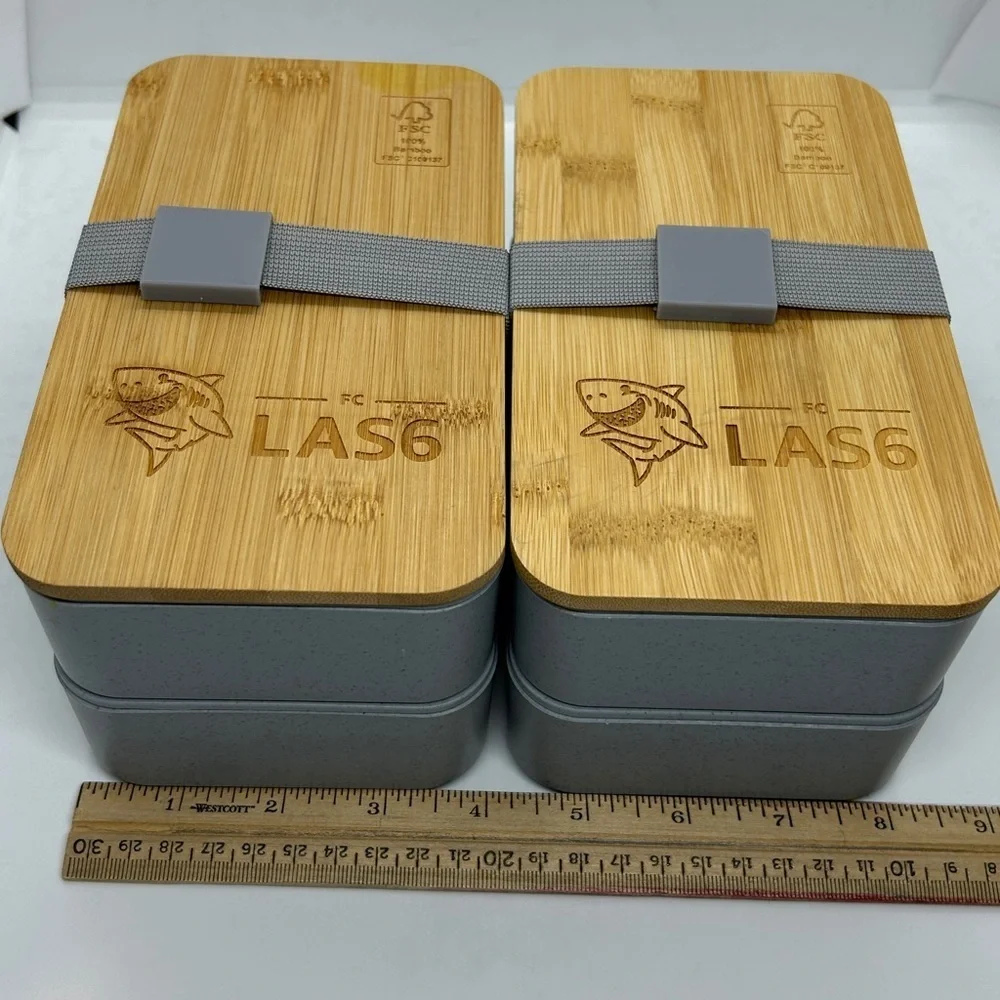 Bamboo and Gray Bento Japanese Wood Bento Lunch Boxes 2 Layer. Set of two